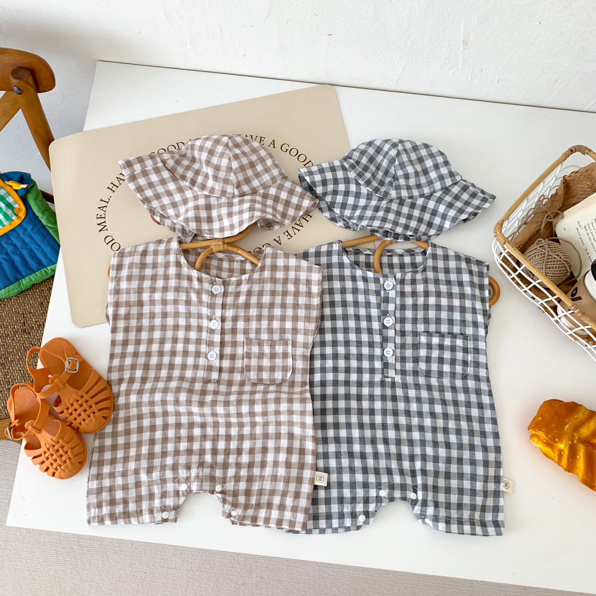 Baby Clothing Stores - Baby Newborn Plaid Romper+Hat Bundles Toddler